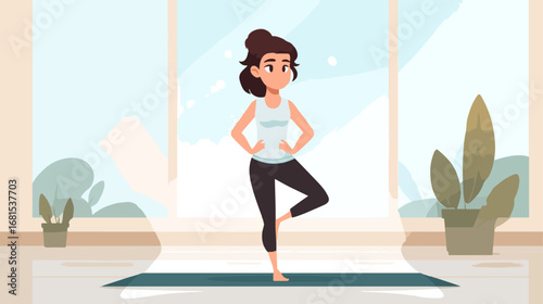 Woman practicing yoga pose by window