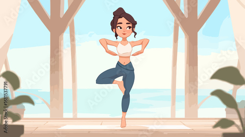 Woman practicing yoga pose by water
