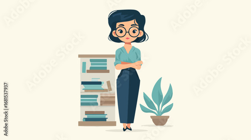 Woman standing in front of bookshelf illustration