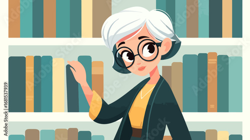 Woman reaching for book on bookshelf illustration