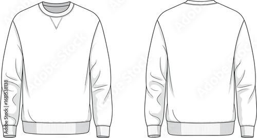 Flat vector illustration of white crew neck sweatshirt, long sleeve casual pullover, front and back views, unisex clothing design template.