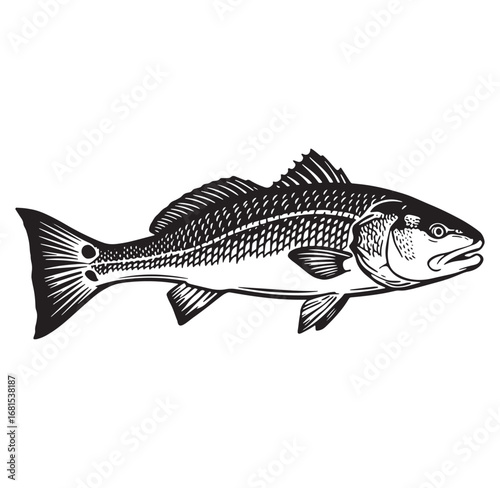 Detailed black and white illustration of a redfish depicting natural oceanic wildlife