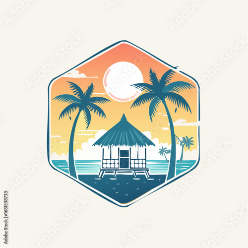 Tropical Beach Hut Sunset Illustration