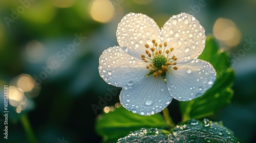 Dew-kissed white flower, vibrant greens