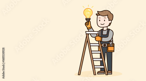 Worker on ladder holding lightbulb illustration