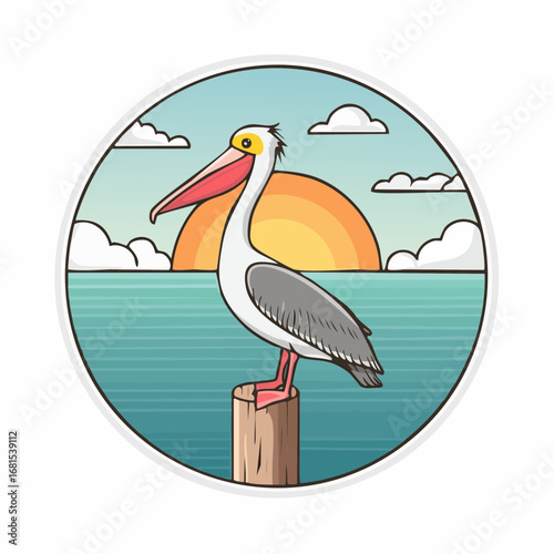 Pelican Bird on a Post Against a Sunset Seascape