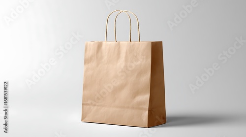 **Ultra Realistic Premium Mockup Of A Plain Recyclable Kraft Paper Shopping Bag With Twisted Handles, Placed Upright On A Seamless Light Gray Background. The Bag Is Completely Blank, Without Any Logos