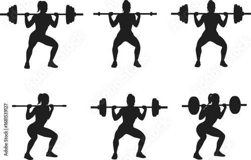 Barbell squat silhouettes, weightlifting exercise poses, strength training vector, gym workout form, bodybuilding technique, fitness illustration, muscle training, black and white design, proper squa