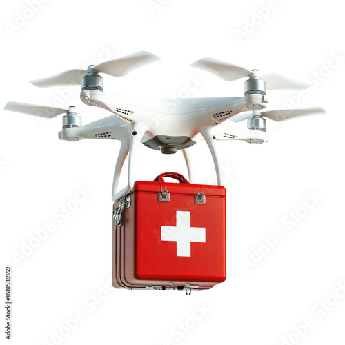 Medical drone delivering first aid kit isolated on transparent background