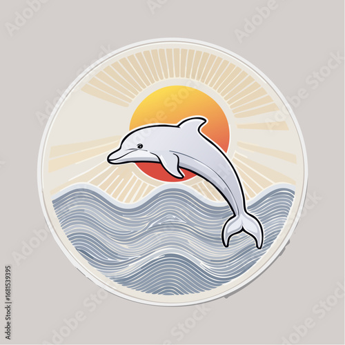 Dolphin Jumping A Whimsical Illustration of Marine Life and Ocean Waves with a Sunburst Background