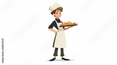 Young chef holding bread tray