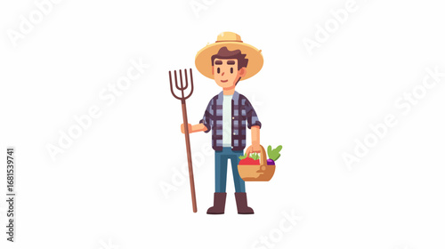 Young farmer character with vegetables and pitchfork