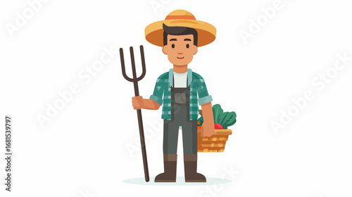 Young farmer with vegetables and pitchfork