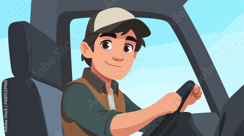 Young person driving a vehicle cartoon illustration
