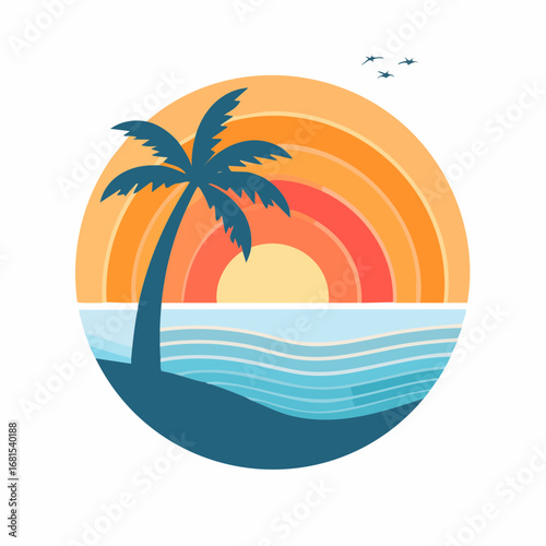 Vibrant tropical beach scene at sunset, featuring a palm tree silhouette against a radiant sun and ocean waves, perfect for vacation, travel, and summer themes