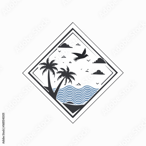 Tropical Beach Landscape with Palm Trees and Bird