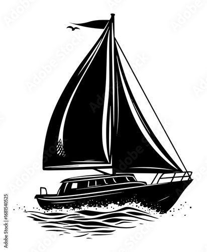 Classic sail yacht cutting through waves – elegant nautical silhouette illustration