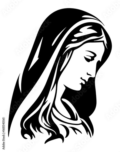 Prayerful Virgin Mary in humble pose – elegant monochrome sacred illustration with halo