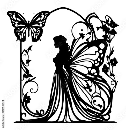 Elegant fairy woman with butterfly wings in floral frame – fantasy silhouette illustration