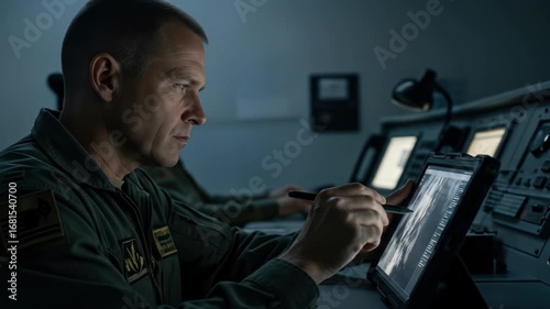 Adult man analyzes map on tablet in control room, using technology for military operations and strategic planning, focused on security.