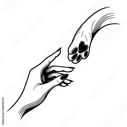Human hand reaching to dog paw with heart pad – compassionate pet‑friendship icon