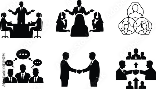 Business meeting, corporate negotiation, teamwork discussion, handshake deal, conflict resolution, brainstorming session, communication strategy, collaboration, team planning, leadership