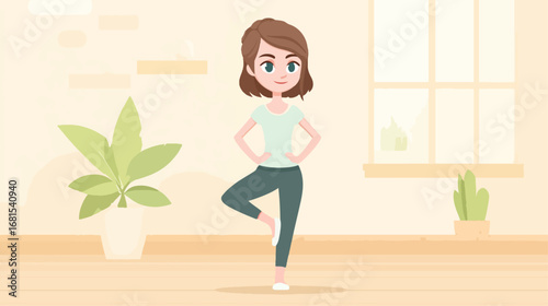 Young woman practicing yoga pose cartoon illustration