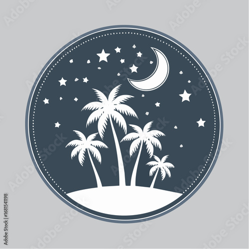 Moonlit tropical island with palm trees and stars