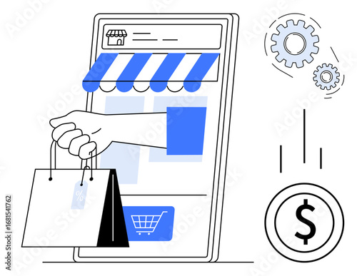 Hand holding shopping bags emerging from a mobile storefront, dollar symbol, and gears representing ecommerce, digital retail, transactions, mobile apps, online payment, and innovation. A simple flat