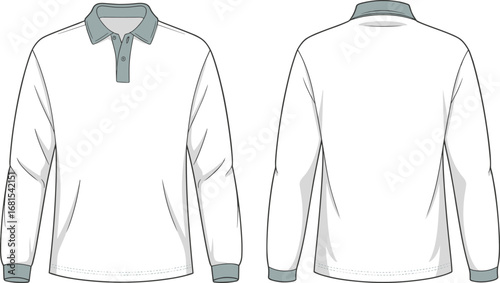 Flat vector illustration of men’s long sleeve polo shirt front and back view, fashion template for casual wear clothing design mockup.