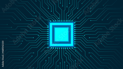 Futuristic glowing microchip with digital circuit lines on dark background, symbolizing technology, processor, innovation, artificial intelligence, data processing, and electronic hardware concept.