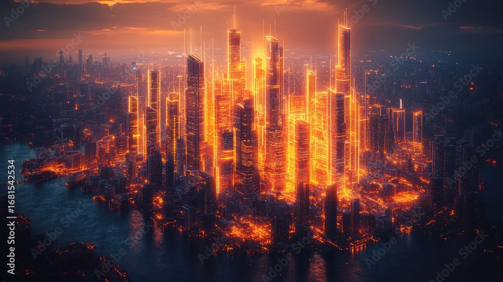 Fototapeta premium Fiery cityscape at sunset