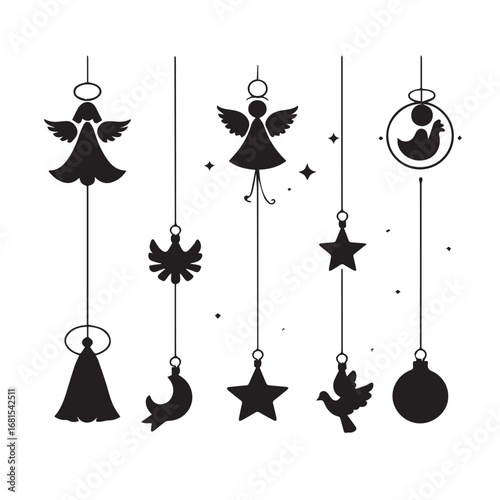 Vector art of collection of hanging christmas ornaments including angels, stars, doves, moons, and baubles