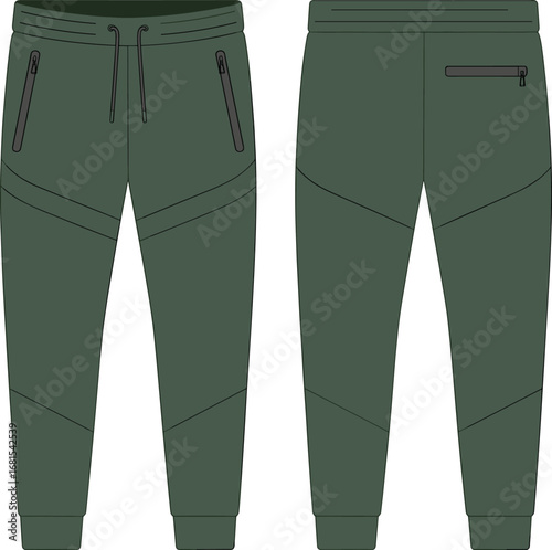 Flat vector illustration of modern jogger pants front and back view, fashion design template, casual wear activewear track pant mockup.