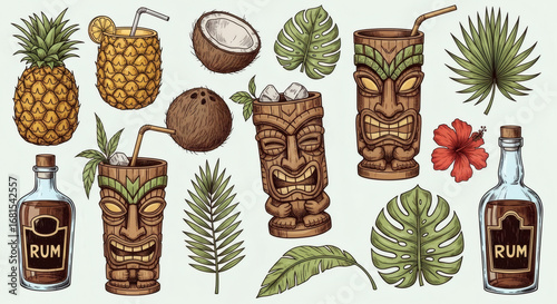 Set of hand drawn tropical illustrations of tiki culture. Doodle drawings of pineapple cups, coconut shells, ceramic tiki mugs, tropical leaves, and bottles of dark rum