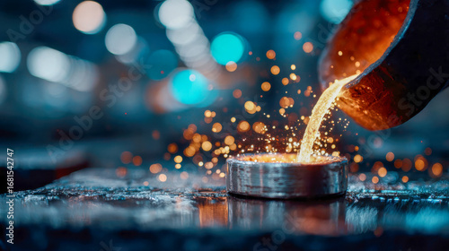 Workers pouring glowing molten metal from a crucible in an industrial foundry