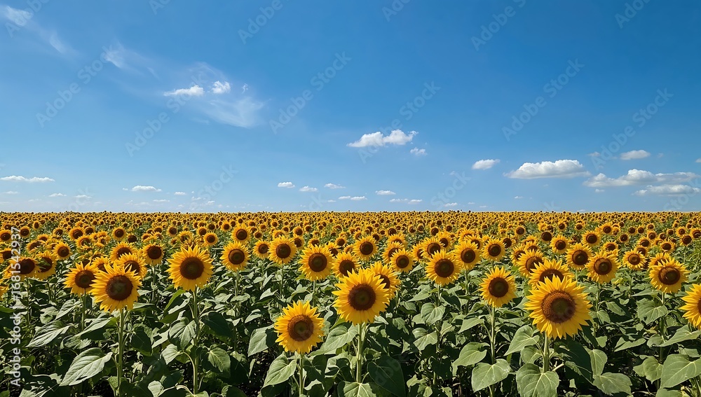 Fototapeta premium A vast field of sunflowers blooming under a blue sky with clouds