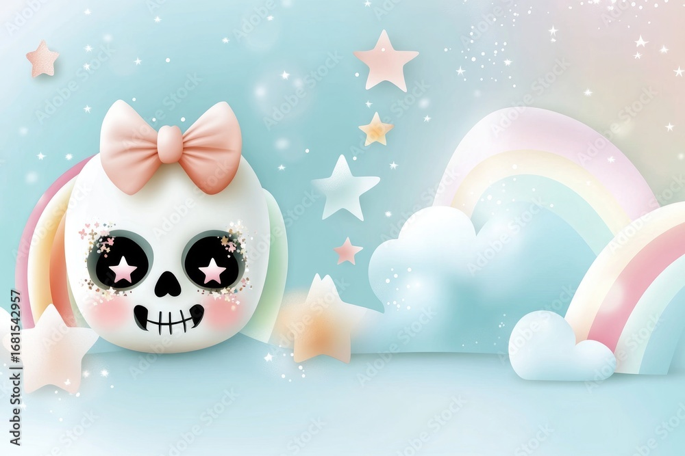 Fototapeta premium Cute skull with bow surrounded by colorful stars and rainbows on a pastel blue background