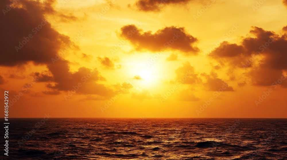 Naklejka premium Serene seascape during sunset with warm hues, golden glow over calm sea, scattered clouds, peaceful natural beauty,