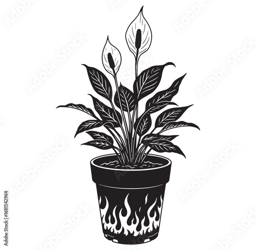 Elegant monochrome illustration of peace lily plant in a decorative fire motif pot