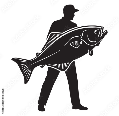 Fisherman carrying a giant fish silhouette graphic perfect for fishing or outdoors themes