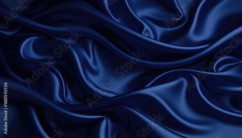 Deep Indigo Fabric Cascades in Soft Folds and Delicate Curves, Reflecting Light on the Smooth Surface