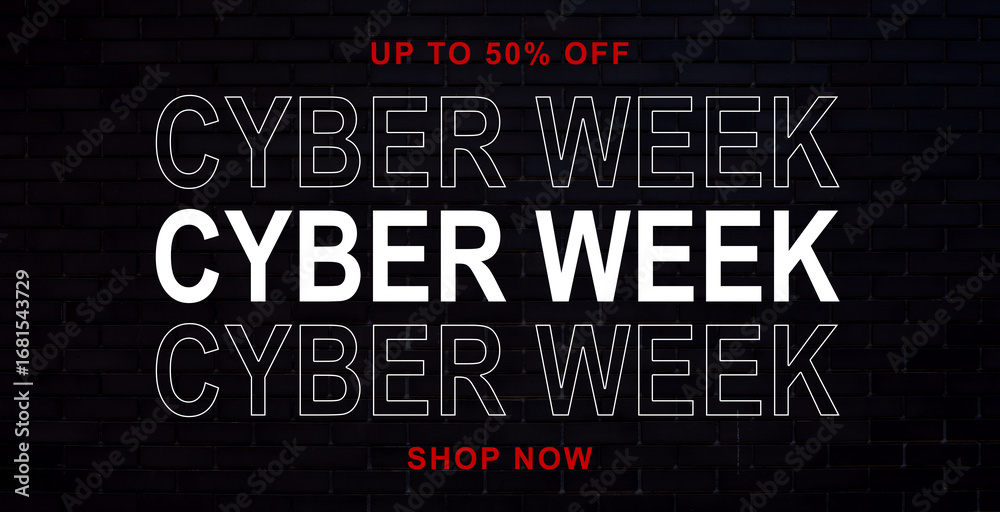 Fototapeta premium Neon sign Cyber Week on the brick wall. 3d illustration.