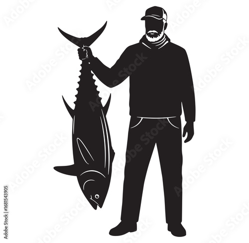 Fisherman displaying a large tuna catch in silhouette monochrome vector design