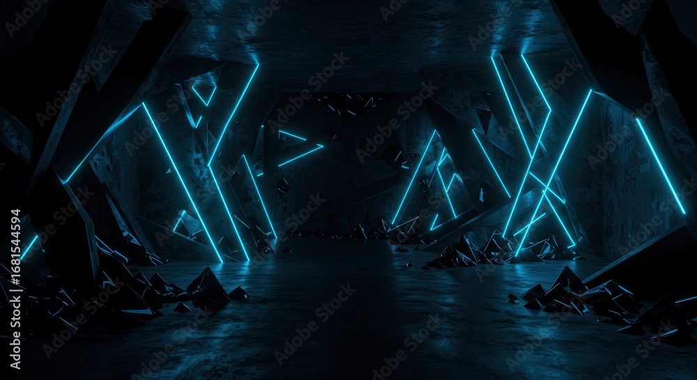 Fototapeta premium Dark room with geometric stone shapes and neon light accents on walls and floor