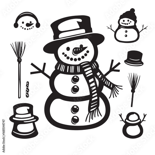 Vector art of collection of snowman elements and accessories for winter holiday design