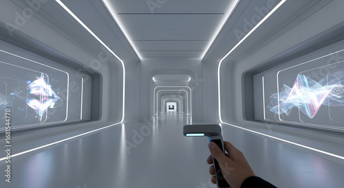 Navigating a futuristic white corridor with glowing data visualizations on screens, from a first-person perspective holding an advanced technological device