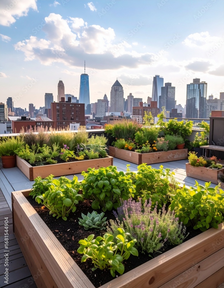 Fototapeta premium Urban Rooftop Garden with Herbs and City View