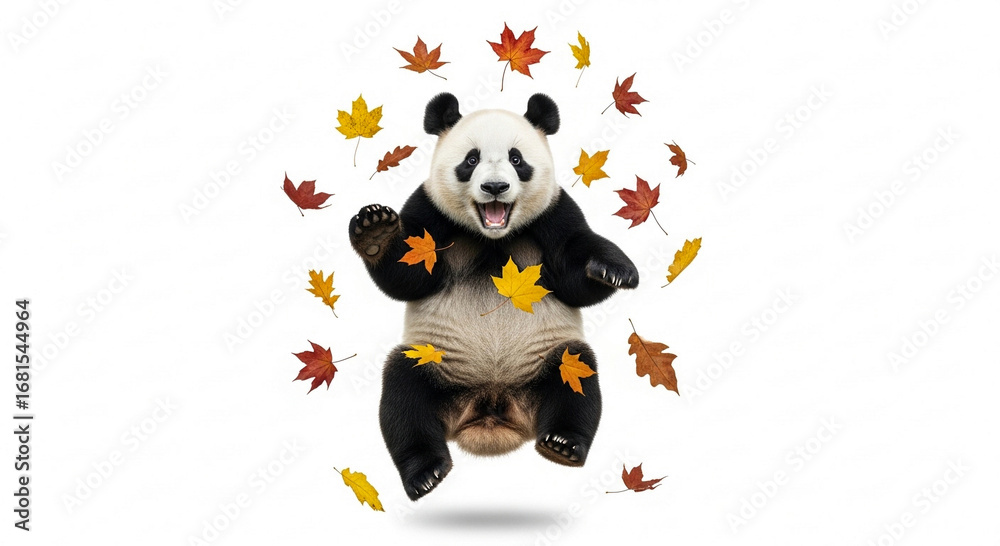 Fototapeta premium A happy giant panda bear joyfully jumping in the air surrounded by falling autumn maple leaves.