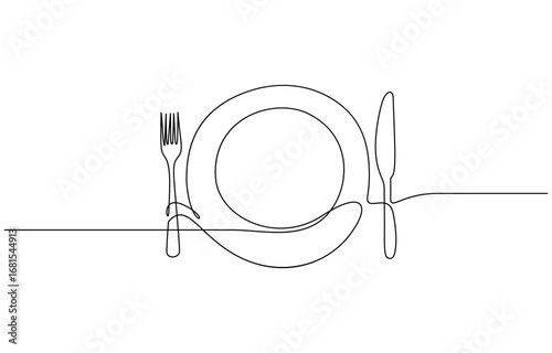 Continuous one line drawing of Fork knife and plate vector illustration. Editable outline